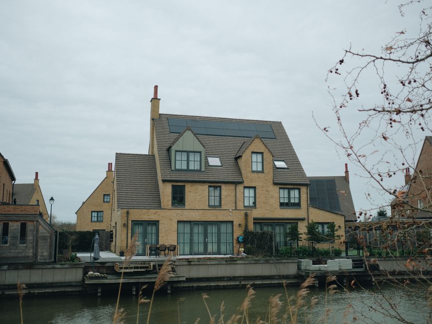 Modern home exterior with solar panels installed